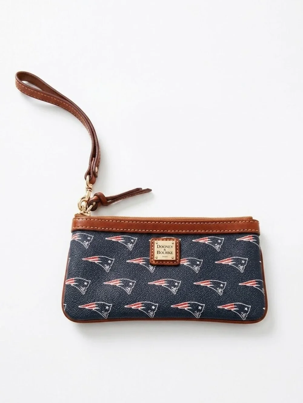 Dooney & Bourke Navy and Brown Leather Trim  New England Patriots x NFL Wristlet